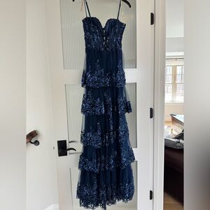 Faviana Navy Embroidered Tiered Lace-Up Prom Dress
